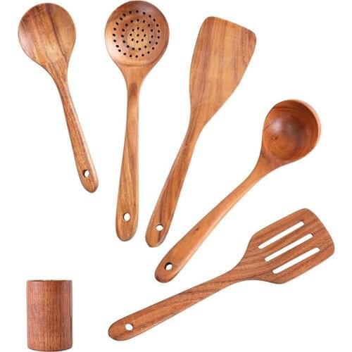 Wooden Spoons for Cooking 6 Pack Wooden Utensils for Kitchen Natural Teak Wooden Spoons and Spatula with Holder