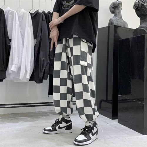 Men Plaid Pockets Joggers Pants 2021 Mens Black Blue Japanese Streetwear Sweatpants Male Korean Fashions Baggy Sweat Pants