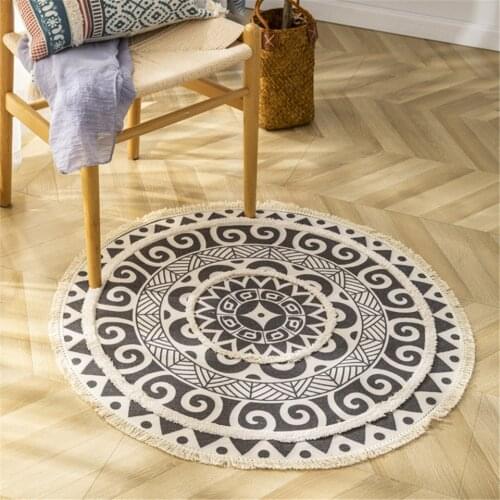Morocco Tassel Rug With Mandala Geometric Flower Printed Round Cotton Ethnic Rug For Home Living Room Bedroom Floor Mat Carpet