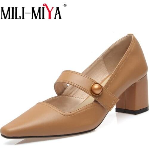MILI-MIYA Elegant Genuine Leather Thick High Heels Slip On Pointed Toe Buckle Decoration British style Dress Party Wild Shoes