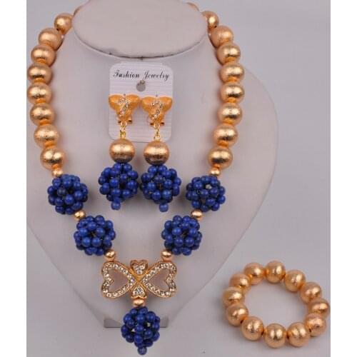 Fashion Nigeria Bride Wedding Accessories Jewelry Necklace Set Dubai Gold African Beads Royal Blue Jewelry Set