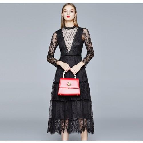 2020 autumn/winter new gauze wave dot lace stitching high-end slim dress High-end Custom Lace Dress