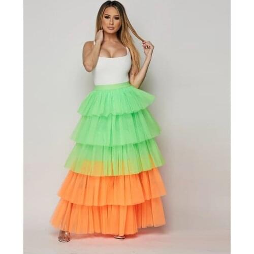 New Arrival Colorful Ruffles Maxi Tulle Skirts Women Zipper Neon Green And Orange Puffy Long Tutu Skirt Bridal Tutu Skirt