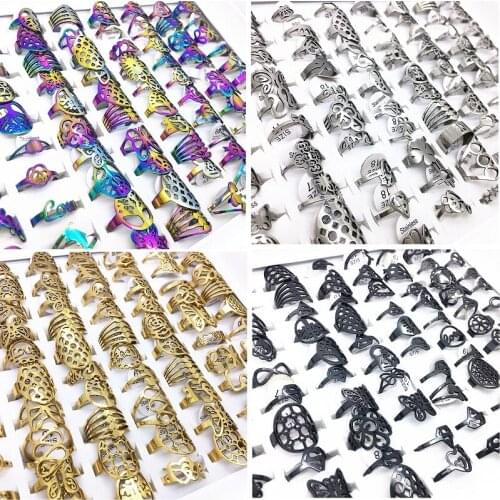 Wholesale 100pcs Mix Women Fashion Laser Cut Stainless Steel Rings Jewelry Finger Ring Party Gifts Silver/Black/Gold/Multicolor