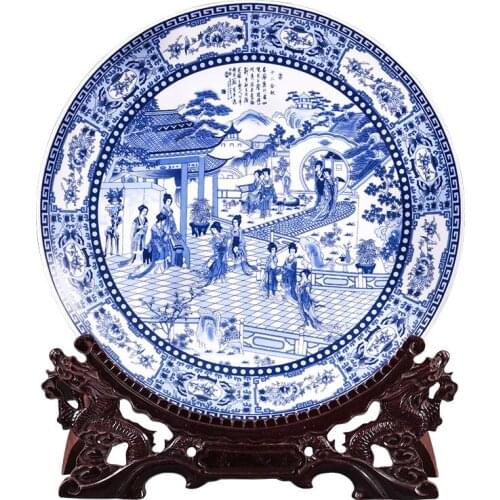 Jingdezhen porcelain antique blue and white porcelain hanging plate decorative plate Ornament New Chinese style living room deco