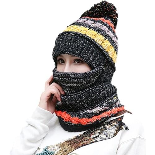 Beanie Cap Scarf Face Masks Set Thick Patchwork Detachable Knitted Cap Neck Outdoor Thermal Headwear