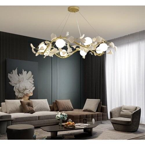 Modern Simple Living room Restaurant Chandelier Ginkgo Leaf Art Glass Ball Lamp Nordic Creative Bedroom Iron Hanging Lights Gold