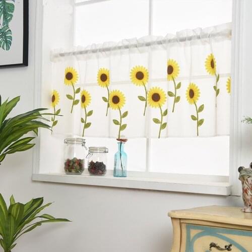 Modern Sunflower Embroidered Pelmet Voile Curtains For Kitchen Valance Coffee Window Tulle for Door Kitchen Living Room Sheer