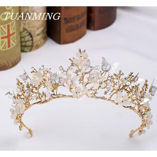 Barque Vintage Gold Butterfly Bridals Tiaras Crowns Brides Flower Hairbands Pearl Wedding Hair accessories Prom Jewelry Gifts