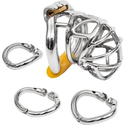 Include 3 Rings Ergonomic Design Male Chastity Device,Easy to Wear Stainless Steel Cock Cage,Penis Ring Chastity Belt Lock S065