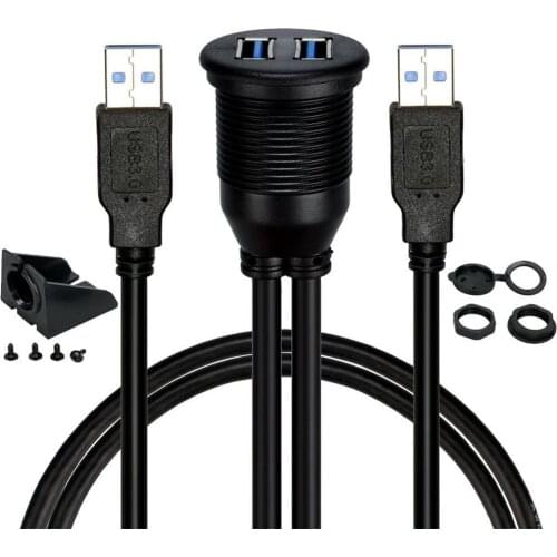 1M Waterproof Flush Mount USB Dock Adapter Dashboard Pan USB 3.0 Port Male to Female Extension Cable for Car Motorcycle Black