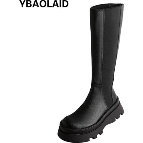 Round Toe Sponge Cake with High Barrel Knight Boots New Solid Color Stretch Cowhide Stitching Sleeve But Knee Thick-soled Boots