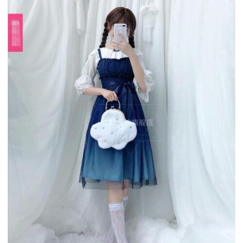 Japanese Mori Girl Dress Lolita Star Gradient JSK Spaghetti Strap Loli Mesh Sweet Gothic Retro Tea Party Dress Loli Cos