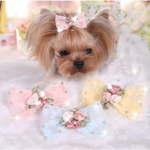 Small Dog Hairpins Pet Buling Rhinestone Lace Embroidered Hair Clip Exquisite Head Flash Decoration For Puppy Hairpins Decor