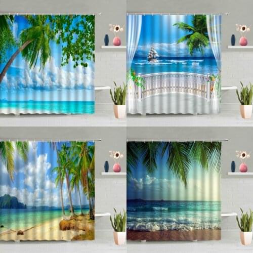 Ocean Shower Curtain Summer Seaside Scenery Beach Palm Tree Plant Seagull Sunset Bathtub Decoration Screen Washable With Hooks
