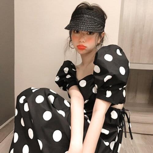 2021 Summer Korean Female Black Pokla Dot Square Collar Puff Sleeve Women Vintage Sexy Hollow Out Midi Dress Vestido Feminino