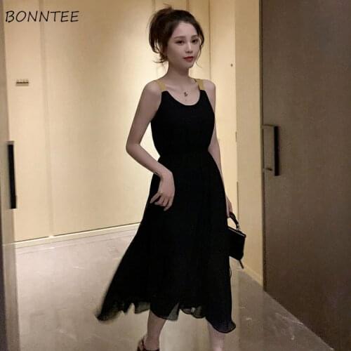Dress Women Patchwork O-Neck Mid-calf High Waist Temperament Stylish Elegant French Retro Hepburn Style Summer Spaghetti-strap