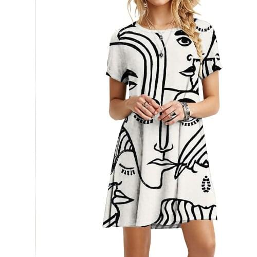 Elegant Short Sleeve Loose Summer Dress Fashion Beach Women A-Line Party Dress 2021 Vintage Art Cartoon Print Dress Vestido 6XL