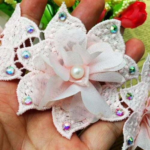 10X Pink Pearl Flower Multicolor 3D Diamond Lace Trim French DIY Wedding Dress Embroidered Stain Ribbon Sewing Craft