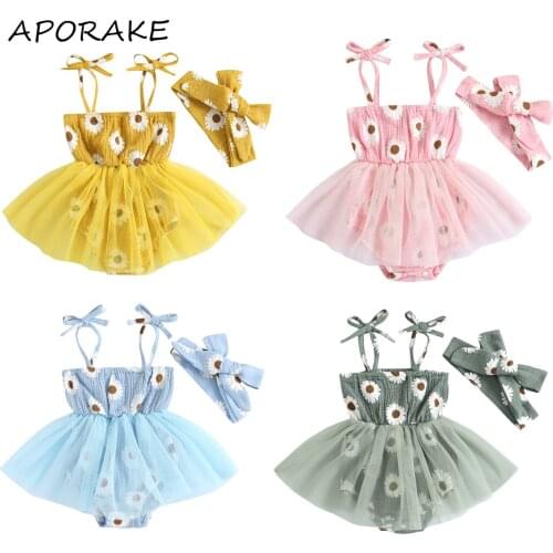 2021 0-18M Baby Girls Summer Romper Dress Sweet Daisy Print Tied Spaghetti Strap Playuit Tulle Dress+Hairband Cotton Linen 2pcs