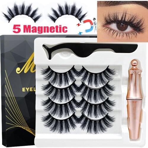 LEKOFO 8PCS 2021 New 5 Magnet Magnetic Eyeliner 3D Kit Mink Eyelashes Natural with False Lashes with Tweezers