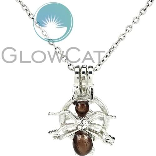 Colors Enamel Rhinestone Insect Spider Beads Cage Locket Pendant Perfume Diffuser Pearl Cage Necklace KK1061