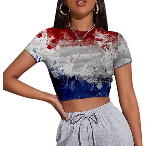 Independence Day Summer Slim T-Shirt Clothes Women Casual Short Sleeve Amrican Flag Printed O-Neck Ladies Hipster Top Pullover