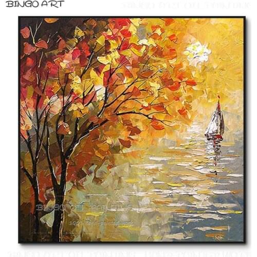 Cheap Price Hand-painted Thick Paints Knife Landscape Acrylic Painting on Canvas Beauty Wall Art Knife Landscape Boat Painting