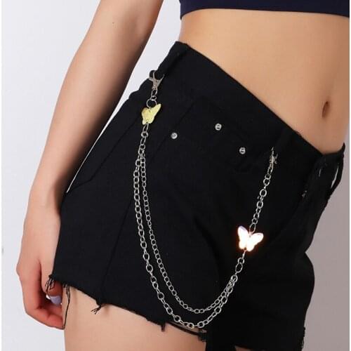 Girls Butterfly Pants Chain Fashion 2-Layer Butterfly Sequin Punk Pocket Chain Trouser Chain