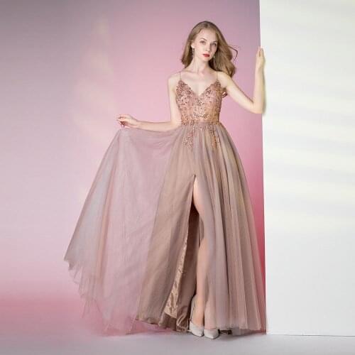 Elegant Pink Beaded Long Prom Dresses 2020 See Through A Line Split Tulle Straps Spaghetti Evening Gown
