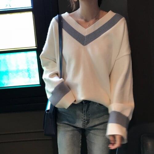 Elegant V-neck Patchwork Knitted Sweater Womens Simple Loose Harajuku Pullover 2021 Fall/Winter Long Sleeve Student New