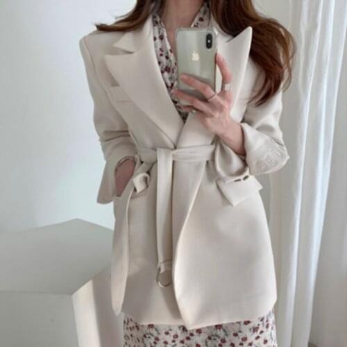 2021HOT Autumn and winter Womens suit Korean version Lapel Lace up waist Oversize Show thin Temperament All-match Fashion Coat