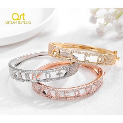 Personalized Gold Name Bracelet Zirconia Gemstone Initial letter Bangle Customized Crystal Cuff Name Bracelet Jewelry For Women