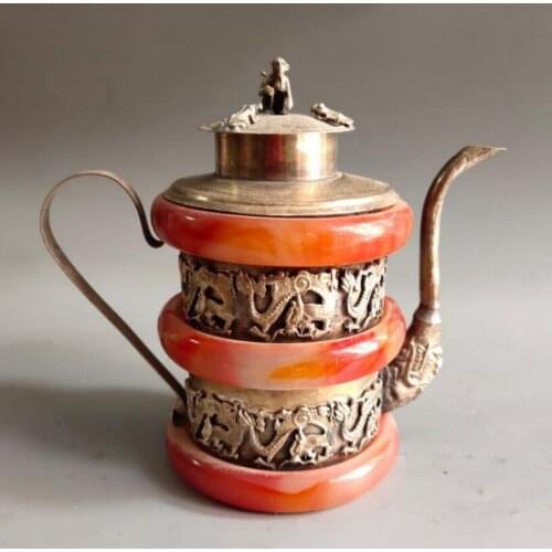 China White copper Mosaic red agate bracelet teapot crafts statue