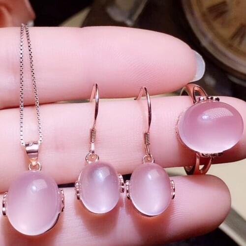 Per jewelry Natural real rose quartz jewelry set 1pc ring 1pc pendant 1pair stud earring 925 sterling silver R203187