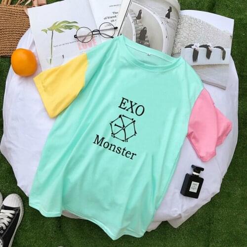 Summer loose cotton T-shirt Women Harajuku tshirt Kpop Exo Casual Short Sleeve O-Neck splice T shirt female new Bottoming Tops