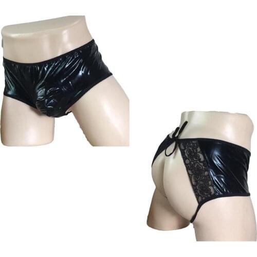 Men Sissy Open Butt Wet Look Brief Shorts with Bulge Pouch and Lace Trim Erotic Male Underwear Lingerie