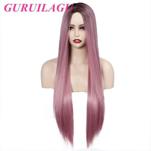 GURUILAGU Long Straight Ombre Pink Wig Synthetic Hair Wigs For Women Heat Resistant Natural Wigs Women Cosplay Wig Middle Part