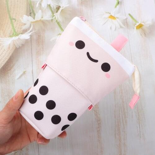 Portable Milk Tea Telescopic Pen Bag Canvas Student Kawaii Pencil Case Large Capacity Zipper Storage Box