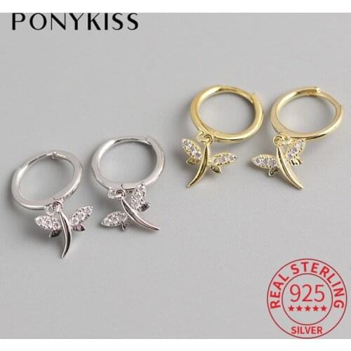 PONYKISS Romantic S925 Sterling Silver Dragonfly Zircon Hoop Earrings For Women Party Delicate Earrings Accessory Fashion Gift