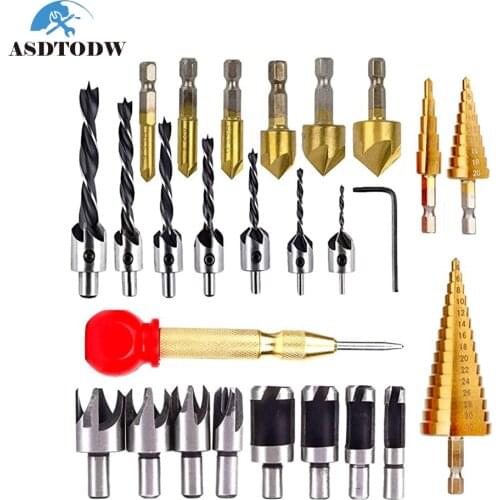 26Pcs Tools including 6 Countersink Drill Bits 7 Three Pointed Countersink Drill Bit 8 Wood Plug cutter 3 Step Drill Bit