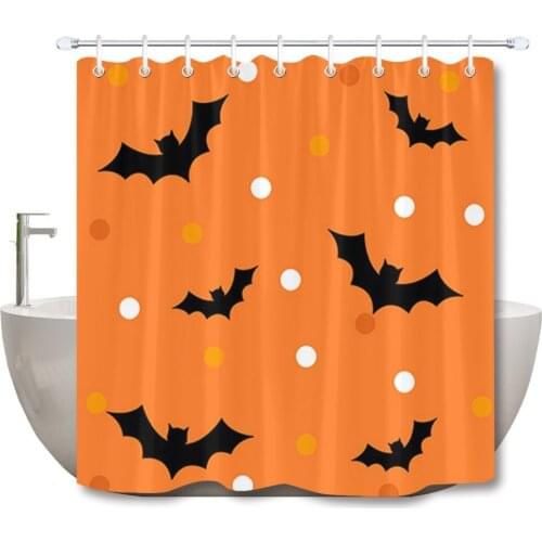 72'' White Dot And Black Bat In Orange Backdrop Halloween Bathroom Waterproof Fabric Shower Curtain 12 Hooks Bath Accessory Sets