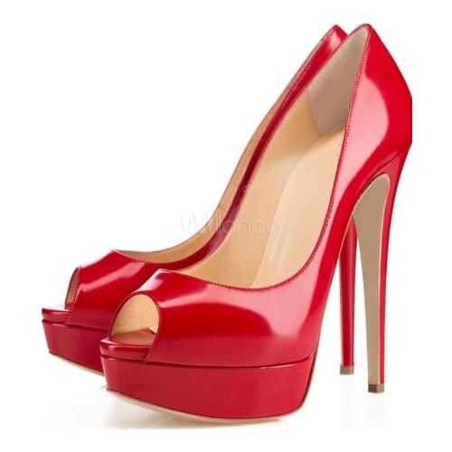 Moraima Snc Peep Toe Pumps Shoes Red High Heels Slip On Platform Patent PU Party Shoes For Women 14CM Super High Dress Shoes