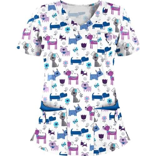 2021 Women Blouse Short Sleeve V-neck Tops Animal Print Printed Working Uniform Cartoon Print Blouse Nurse Overalls Uniforme New