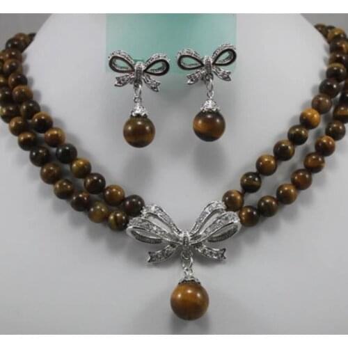 Womens fashion 2 row 8mm Tiger Eye Silver Plated Butterfly Jewelry Pendant Necklace Earring Set