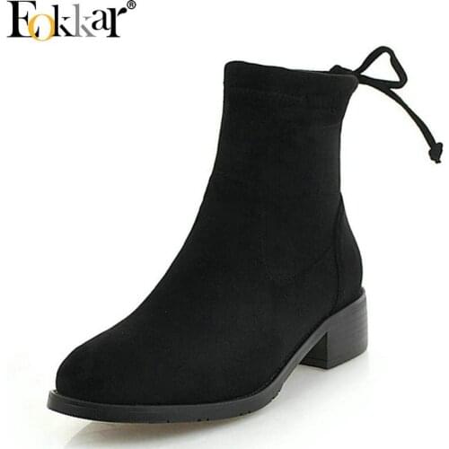 Eokkar 2020 Women Shoes Women Ankle Boots Fashion Square High Heel Roud Toe Elegant Black Slip on Black Ladies Shoes Size 34-43