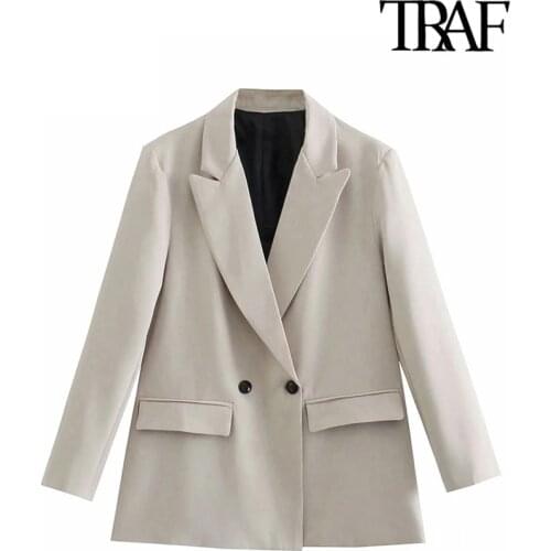 TRAF Women Fashion Double Breasted Loose Blazer Coat Vintage Long Sleeve Flap Pockets Female Outerwear Chic Veste Femme