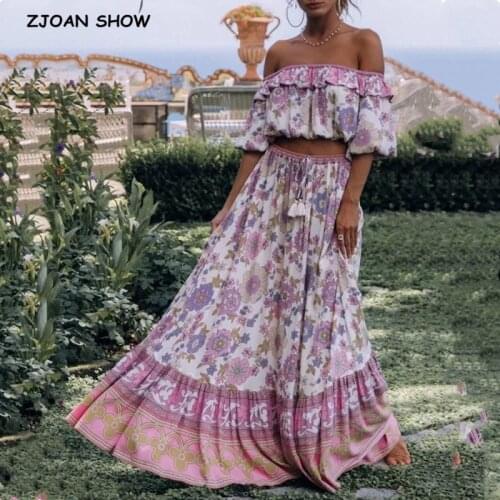 Bohemia Ruffle Elastic Slash neck Floral Print Pullover Shirt Women High Waist Maxi Long Skirt Pink Holiday 2 Pieces Set