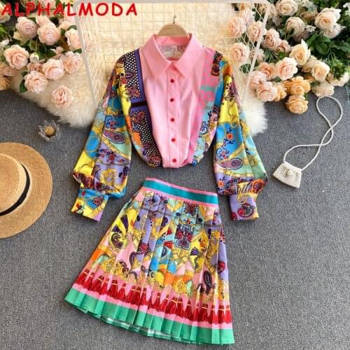 ALPHALMODA 2021 Bohemian Exotic Print Lapel Bubble Sleeve Shirt Womens High Waist Slim Skirt Suit Printed Ladies Vintage Set