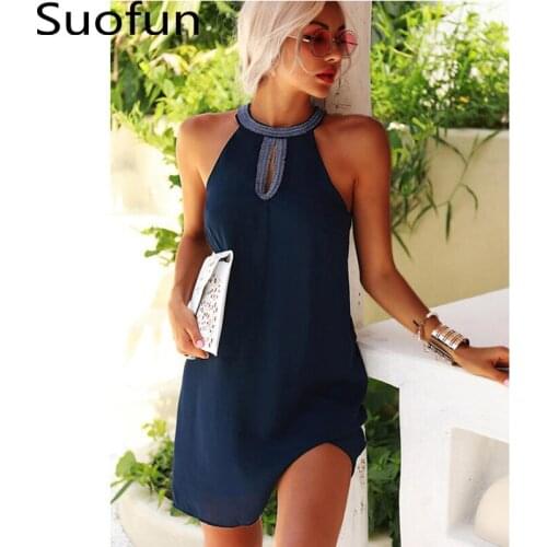 Suofun Casual Solid 2021 New Fashion Womens Hollow Out Sexy Printed Trend Neck-mounted Spring And Summer Ladies Dress
